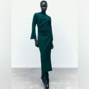 Zara Green Long Sleeve Ruched Side Tubular Midi Dress Sz S